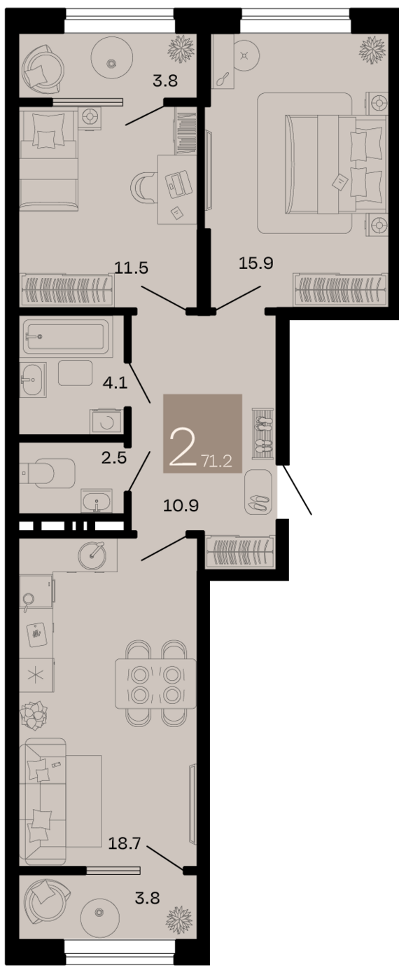 2-комнатная квартира №205 71,2 м2 от застройщика ГК ТОЧНО