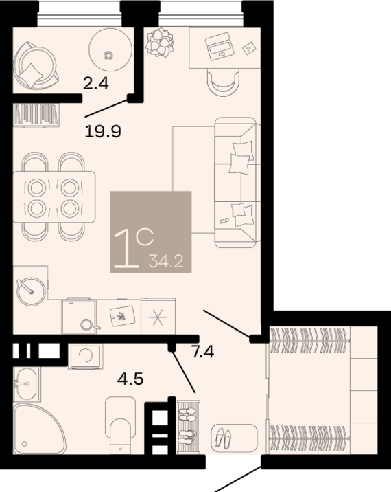 Студия №249 34,2 м2 от застройщика ГК ТОЧНО