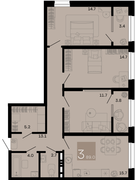 3-комнатная квартира №216 89 м2 от застройщика ГК ТОЧНО