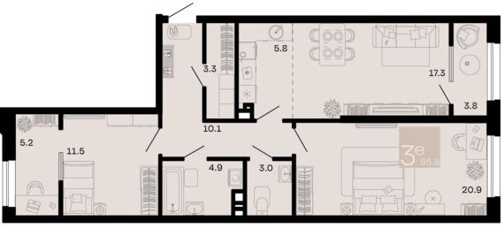евро 3 к.кв. №245 85,8 м2 от застройщика ГК ТОЧНО
