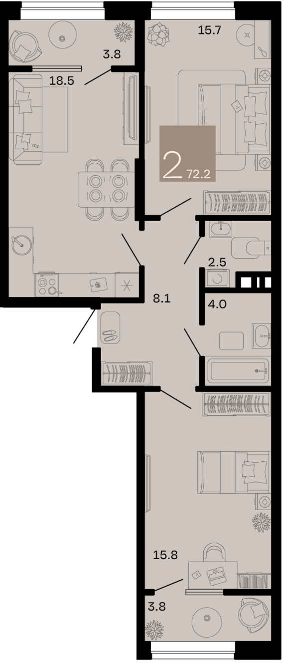 2-комнатная квартира №273 72,2 м2 от застройщика ГК ТОЧНО