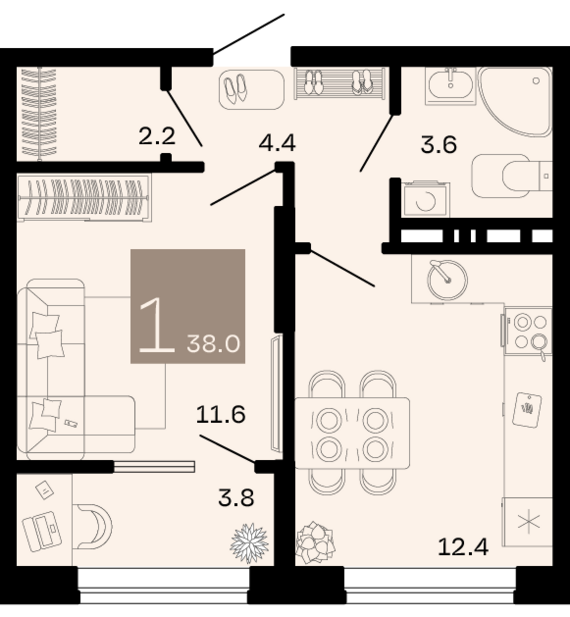 1-комнатная квартира №275 38 м2 от застройщика ГК ТОЧНО