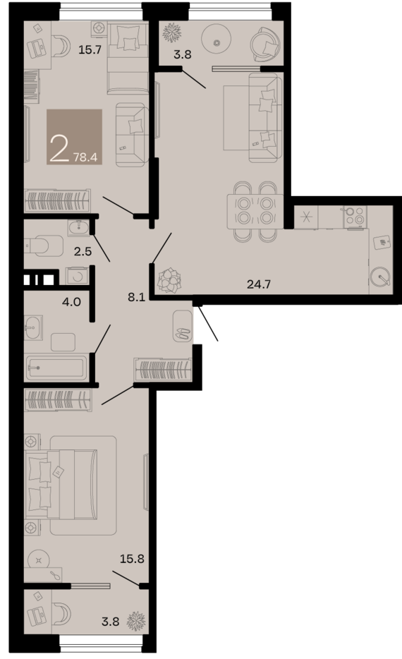2-комнатная квартира №280 78,4 м2 от застройщика ГК ТОЧНО
