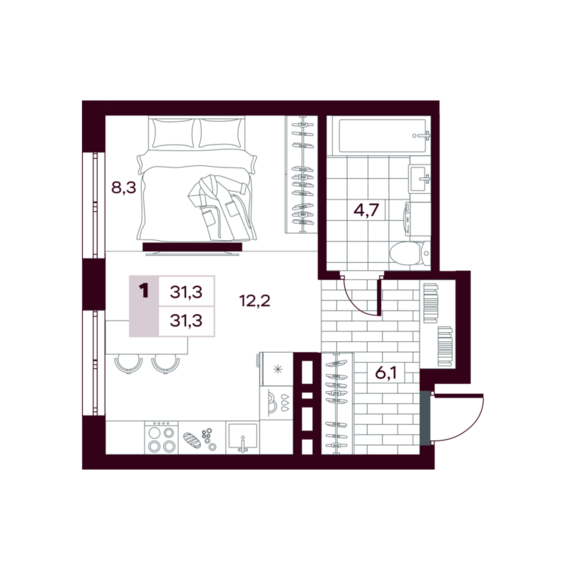 1-комнатная квартира №10 31,28 м2 от застройщика ГК ТОЧНО