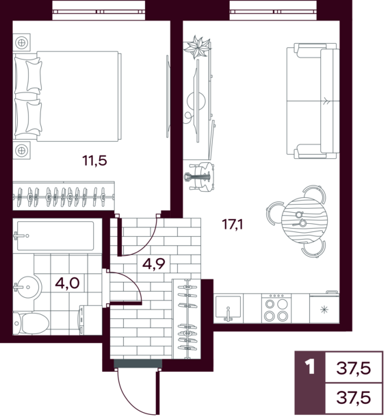1-комнатная квартира №3 37,54 м2 от застройщика ГК ТОЧНО