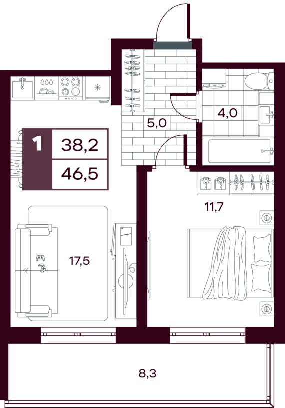 1-комнатная квартира №8 46,57 м2 от застройщика ГК ТОЧНО