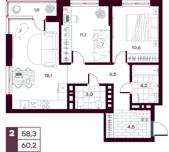 2-комнатная квартира №1 60,91 м2 от застройщика ГК ТОЧНО