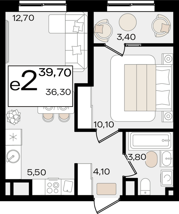 евро 2 к.кв. №11 39,7 м2 от застройщика ГК ТОЧНО