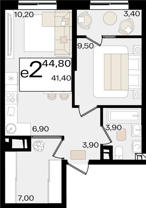 евро 2 к.кв. №320 44,8 м2 от застройщика ГК ТОЧНО