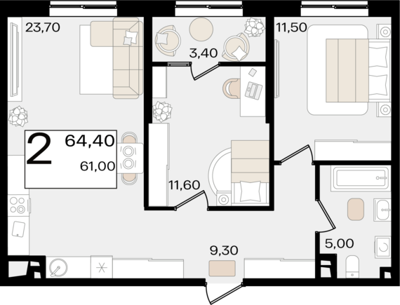 2-комнатная квартира №361 64,4 м2 от застройщика ГК ТОЧНО
