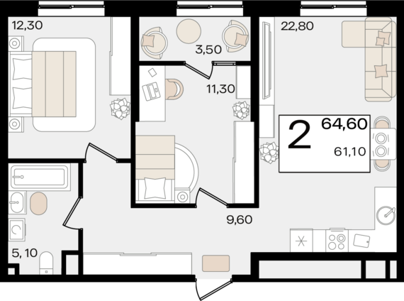 2-комнатная квартира №40 64,6 м2 от застройщика ГК ТОЧНО