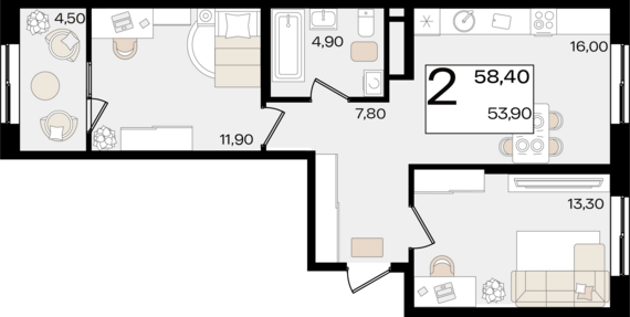 2-комнатная квартира №429 58,4 м2 от застройщика ГК ТОЧНО
