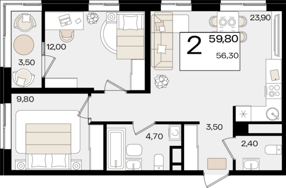 2-комнатная квартира №480 59,8 м2 от застройщика ГК ТОЧНО