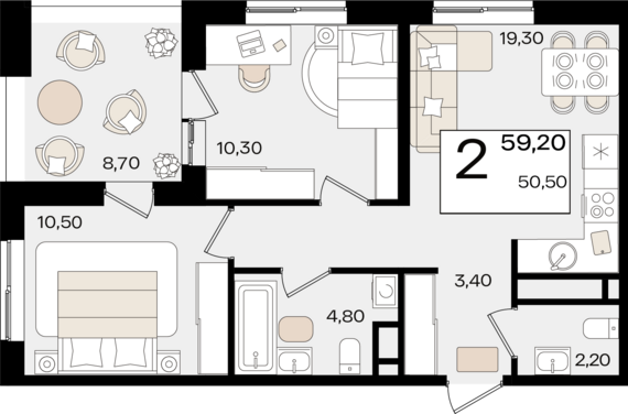 2-комнатная квартира №492 59,2 м2 от застройщика ГК ТОЧНО