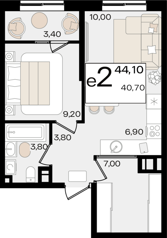 евро 2 к.кв. №91 44,1 м2 от застройщика ГК ТОЧНО
