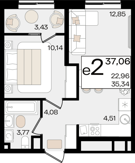 евро 2 к.кв. №71 37,06 м2 от застройщика ГК ТОЧНО