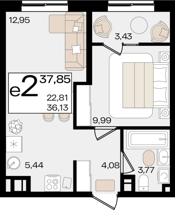 евро 2 к.кв. №92 37,85 м2 от застройщика ГК ТОЧНО