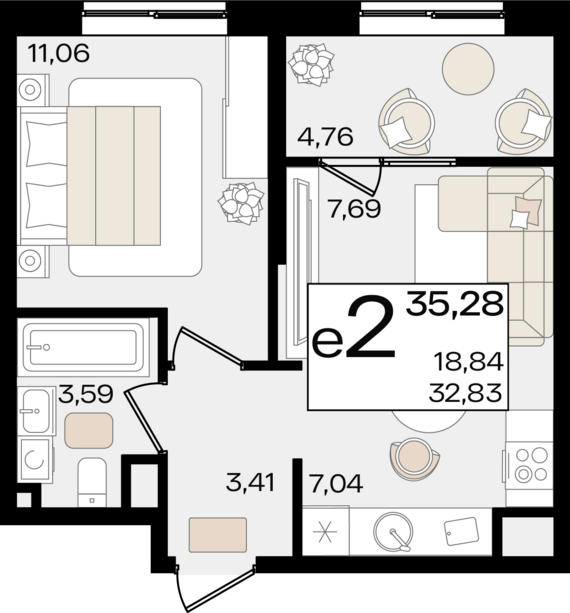 евро 2 к.кв. №421 35,25 м2 от застройщика ГК ТОЧНО