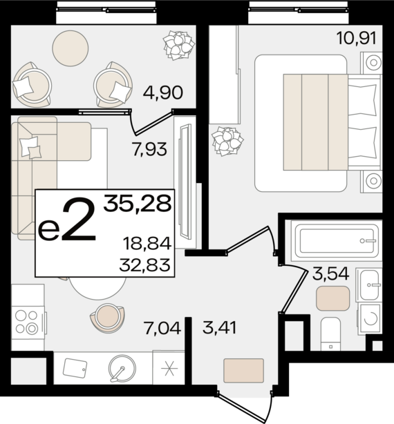 евро 2 к.кв. №408 35,28 м2 от застройщика ГК ТОЧНО