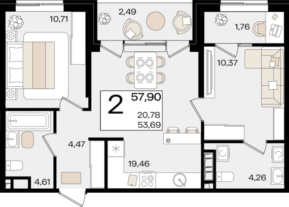 2-комнатная квартира №488 57,9 м2 от застройщика ГК ТОЧНО