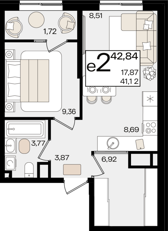 евро 2 к.кв. №44 42,84 м2 от застройщика ГК ТОЧНО