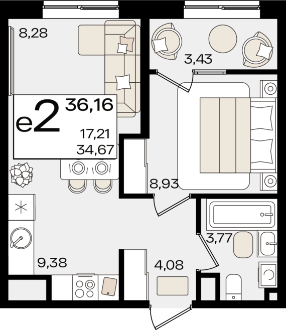 евро 2 к.кв. №251 36,16 м2 от застройщика ГК ТОЧНО