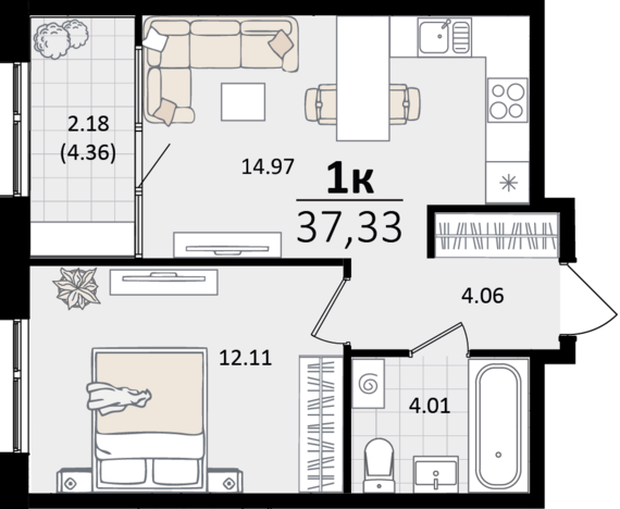 1-комнатная квартира №43 37,33 м2 от застройщика ГК ТОЧНО
