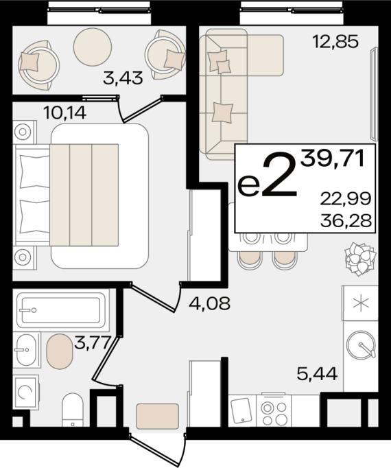евро 2 к.кв. №2 38,8 м2 от застройщика ГК ТОЧНО