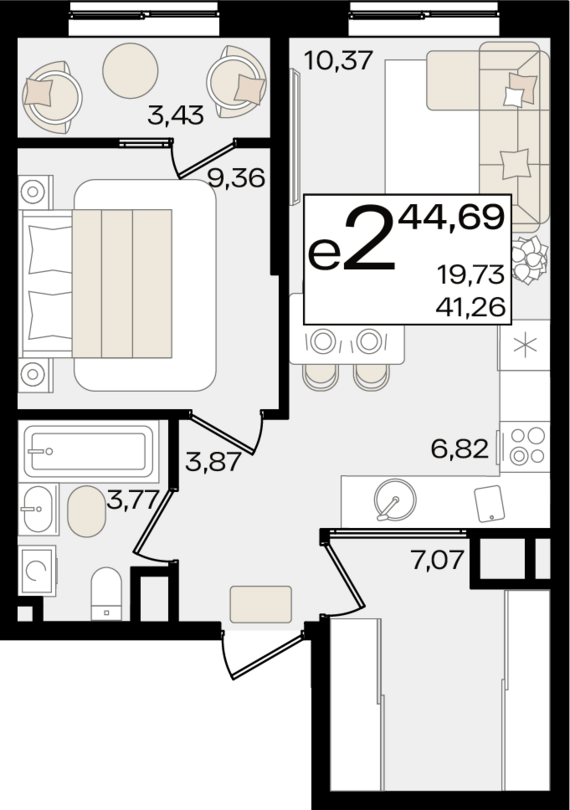 евро 2 к.кв. №47 42,98 м2 от застройщика ГК ТОЧНО