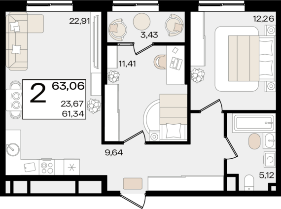 2-комнатная квартира №7 63,36 м2 от застройщика ГК ТОЧНО