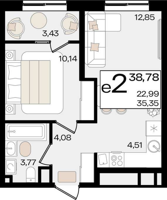 евро 2 к.кв. №8 37,36 м2 от застройщика ГК ТОЧНО