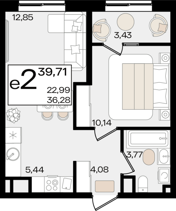 евро 2 к.кв. №10 38,5 м2 от застройщика ГК ТОЧНО