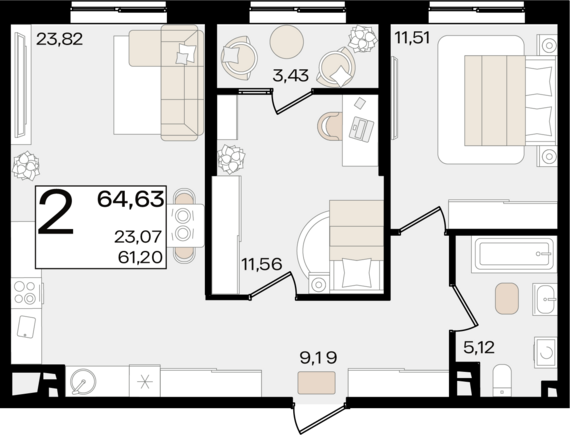2-комнатная квартира №295 63,69 м2 от застройщика ГК ТОЧНО