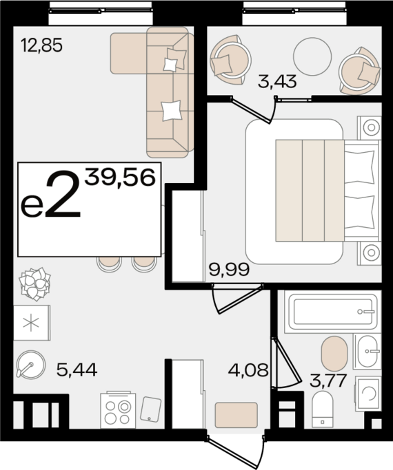 евро 2 к.кв. №284 39,56 м2 от застройщика ГК ТОЧНО