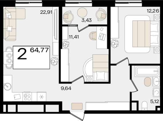 2-комнатная квартира №166 61,34 м2 от застройщика ГК ТОЧНО