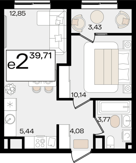 евро 2 к.кв. №280 39,71 м2 от застройщика ГК ТОЧНО