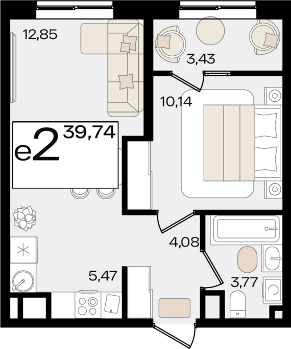 евро 2 к.кв. №81 39,74 м2 от застройщика ГК ТОЧНО