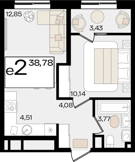 евро 2 к.кв. №71 38,78 м2 от застройщика ГК ТОЧНО