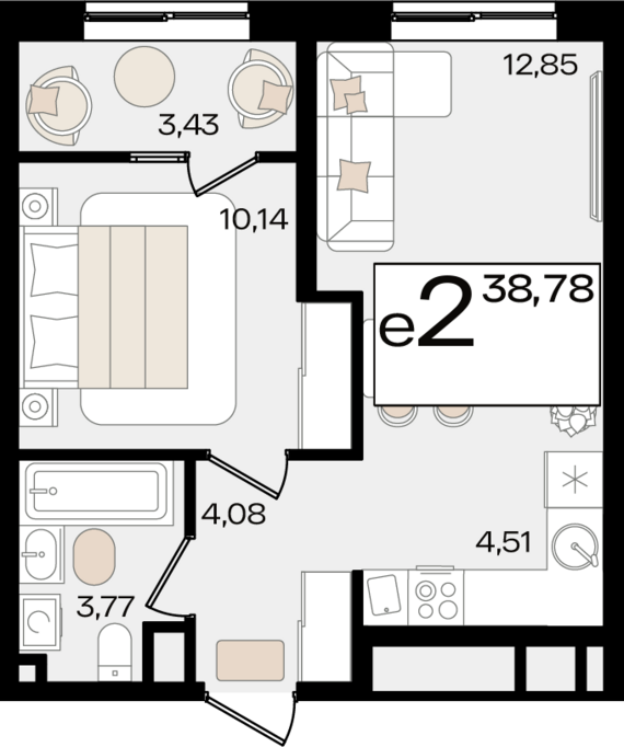 евро 2 к.кв. №85 38,78 м2 от застройщика ГК ТОЧНО