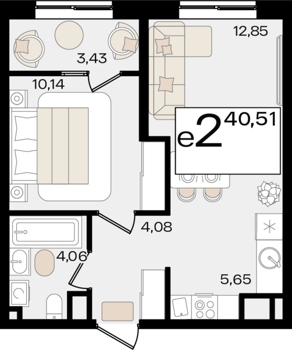 евро 2 к.кв. №2 40,51 м2 от застройщика ГК ТОЧНО