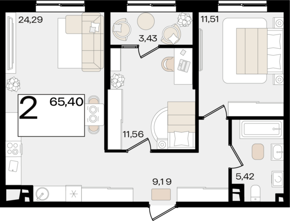 2-комнатная квартира №295 65,4 м2 от застройщика ГК ТОЧНО