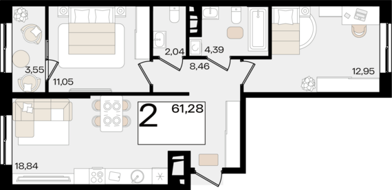 2-комнатная квартира №347 61,28 м2 от застройщика ГК ТОЧНО