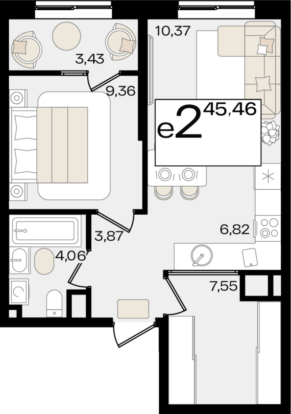 евро 2 к.кв. №3 45,46 м2 от застройщика ГК ТОЧНО