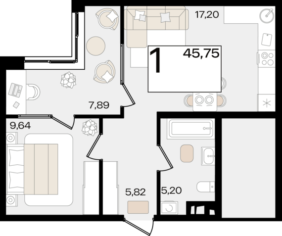 1-комнатная квартира №348 45,75 м2 от застройщика ГК ТОЧНО