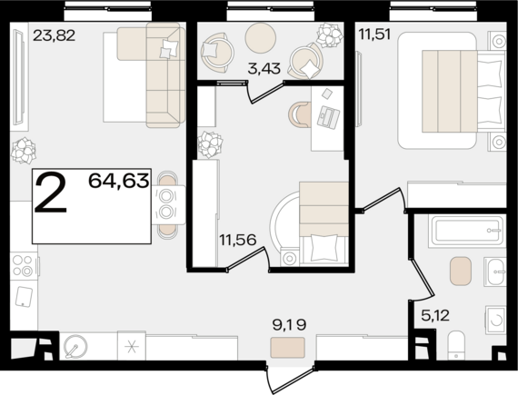2-комнатная квартира №349 64,63 м2 от застройщика ГК ТОЧНО
