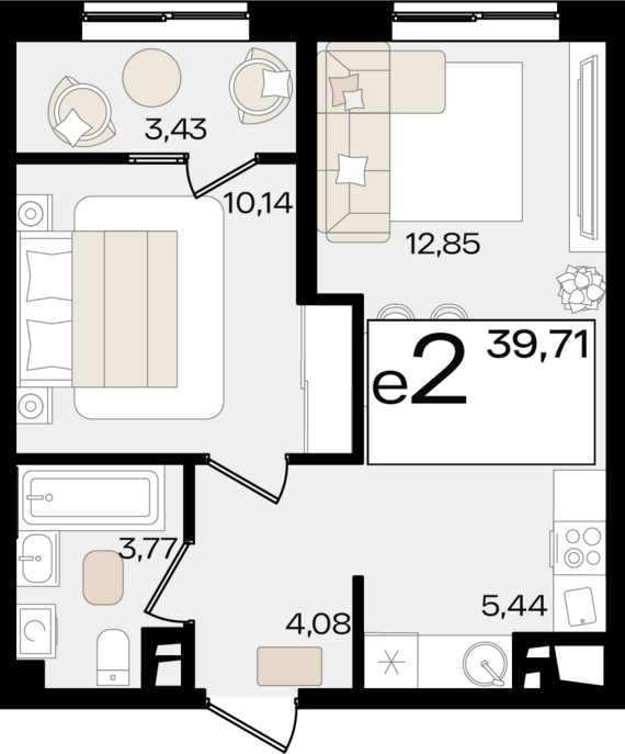 евро 2 к.кв. №393 39,71 м2 от застройщика ГК ТОЧНО
