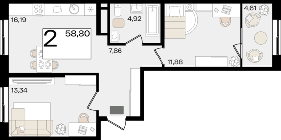 2-комнатная квартира №399 58,8 м2 от застройщика ГК ТОЧНО