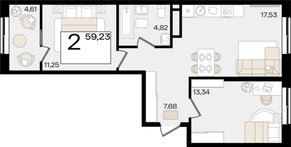 2-комнатная квартира №410 59,23 м2 от застройщика ГК ТОЧНО