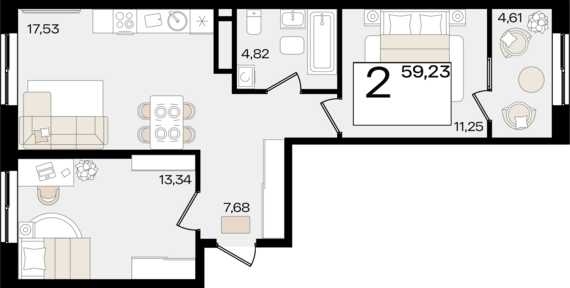 2-комнатная квартира №427 59,23 м2 от застройщика ГК ТОЧНО