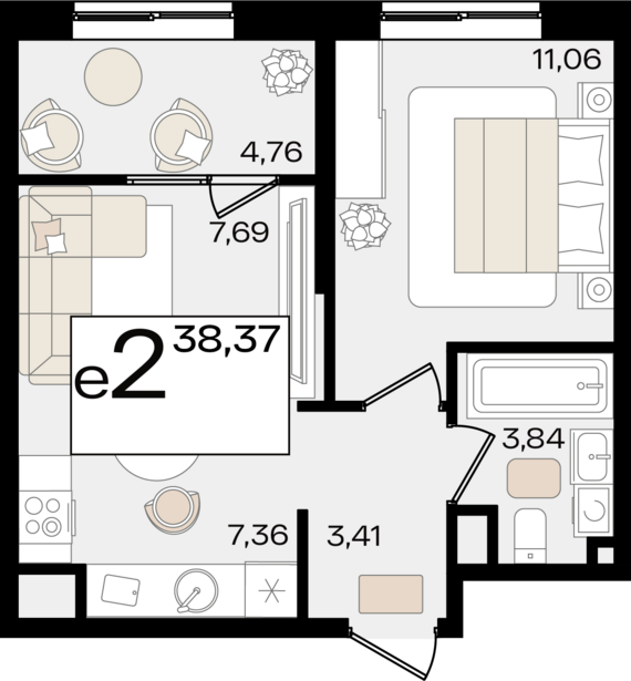 евро 2 к.кв. №428 38,37 м2 от застройщика ГК ТОЧНО